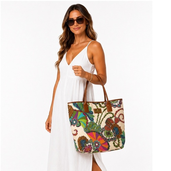 Trina Turk Handbags - Trina Turk Women's Floral Printed Canvas Leather Trim Resort Sachet Bag One Size